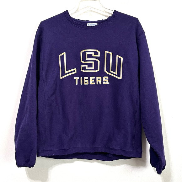 Vintage Champion Reverse Weave Womens Sweatshirt M Raw Hem LSU Tigers Purple - Picture 1 of 9